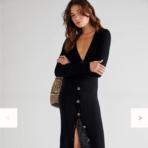 Free People Date Night Cardi Black Ribbed Button-Front Longline Midi Dress XS